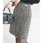 Button-accent Tweed Wrap Skirt