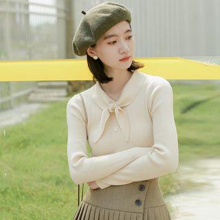 Tie Neck Long-sleeve Knit Top Almond - One Size