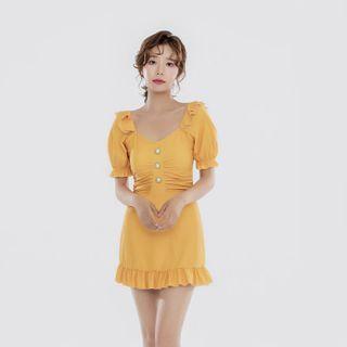 Puff-sleeve Ruffled Ruched Swimdress