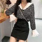 Long-sleeve Floral Print Frill Trim Blouse Black - One Size