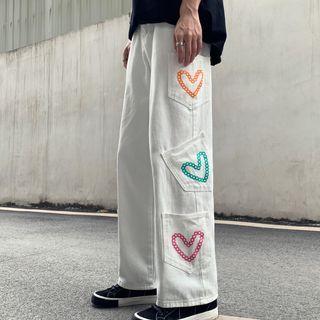 Couple Matching Heart Print Wide Leg Jeans