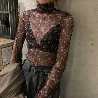 Turtleneck Floral Print Long-sleeve Mesh Top