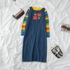 Rainbow Striped Knitted Top / Denim Pinafore Dress