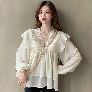 Lace Trim Ruffle Chiffon Blouse Almond - One Size