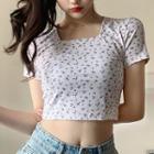 Short-sleeve Floral Print Crop Top Purple Floral - White - One Size