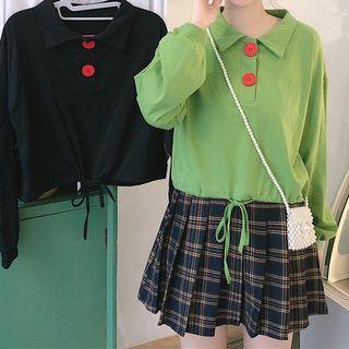 Drawstring Polo Collar Long-sleeve T-shirt