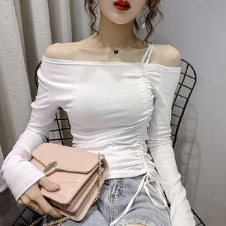 Asymmetric Off-shoulder Long-sleeve Drawstring T-shirt