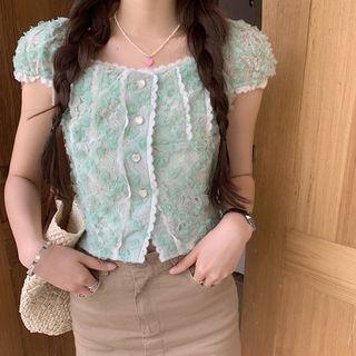 Puff-sleeve Flower Embroidered Cropped Top