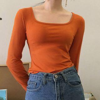 Square-neck Long-sleeve T-shirt Orange - One Size