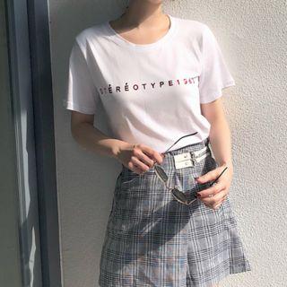 Short-sleeve Lettering T-shirt / Plaid Mini Skort