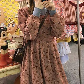 Square-neck Floral Print Dress / Plain Long-sleeve Top