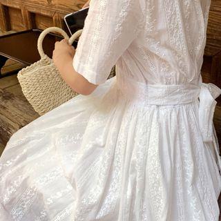 Round-neck Beribboned Long Crochet Dress Ivory - One Size