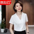 V-neck Short-sleeve Blouse / Cropped Dress Pants / Set