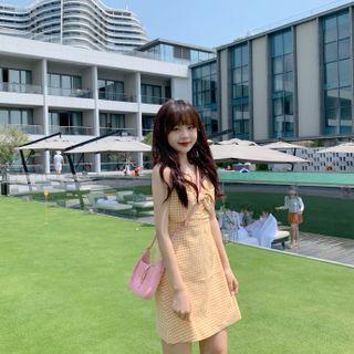 Spaghetti Strap Bow Plaid Mini A-line Dress