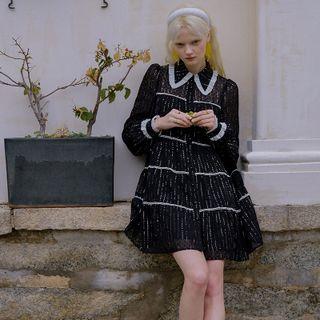Puff-sleeve Sequined A-line Shirtdress