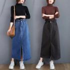 Front-slit Denim Maxi A-line Skirt