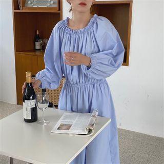 Long-sleeve Ruffle Trim Loose Fit Shirred Dress
