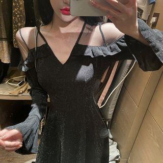 Long-sleeve Mesh Panel Glitter Midi A-line Dress
