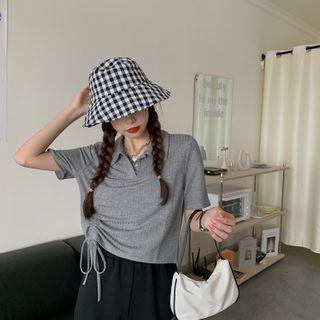 Short-sleeve Cropped Drawstring Polo Shirt Gray - One Size