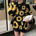 Flower Print Faux Shearling Pullover Sunflower - One Size