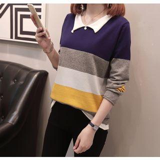 Long-sleeve Striped Knit Collared Top As Shown In Figure - One Size
