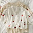 Cherry-embroidered Button-up Open-knit Top
