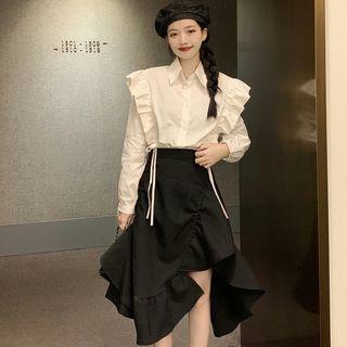 Frill Trim Shirt / Spaghetti Strap Faux Leather Dress