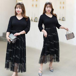 3/4-sleeve Sequin Mesh Overlay Knitted Midi Dress
