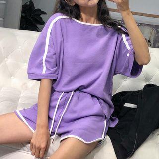 Sports Set: Elbow-sleeve Contrast-trim Top + Sweat Shorts