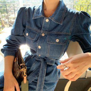 Puff-sleeve Denim Jumpsuit Dark Blue - One Size