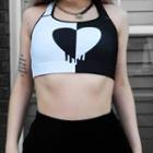 Halter-neck Color-block Heart Print Crop Tank Top