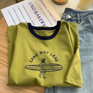Short-sleeve Cartoon Print T-shirt Mustard Yellow - One Size