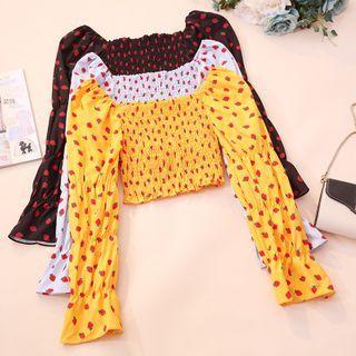 Strawberry Print Puff-sleeve Cropped Blouse