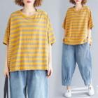 Elbow-sleeve Striped T-shirt Stripe - Yellow - One Size