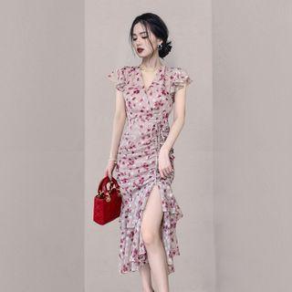 Sleeveless Floral Print Drawstring Midi Sheath Dress