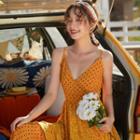 Spaghetti Strap Print Panel Midi A-line Dress