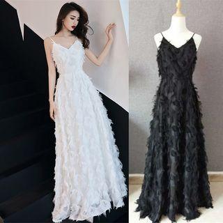 Fringed Spaghetti-strap A-line Evening Gown