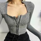 Long-sleeve Square-neck Hook-closure Knit Top