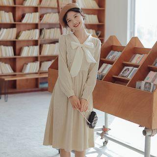 Long-sleeve Lace Panel Bow Accent Midi A-line Dress