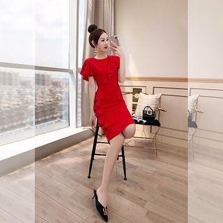 Short-sleeve Ruffled Sheath Dress