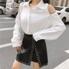 Zip Shoulder Shirt / Studded Faux Leather Mini A-line Skirt