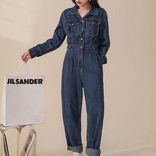 Long-sleeve Denim Straight Leg Cargo Jumpsuit
