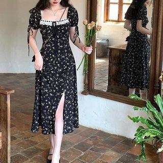 Puff Sleeve Lace Up Floral Dress