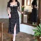 Puff Sleeve Lace Up Floral Dress