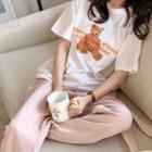 Short-sleeve Bear Print T-shirt / Harem Sweatpants