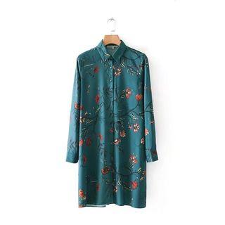 Long-sleeved Floral Print Open-front Loose-fit Long Blouse