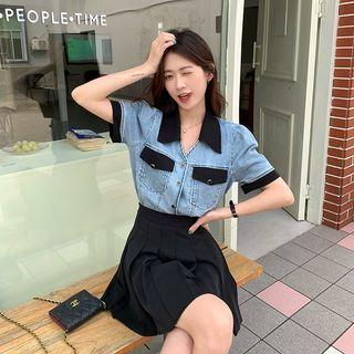 Denim Short-sleeve Shirt / Pleated Skirt