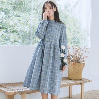 Long-sleeve Stand-collar Plaid Dress
