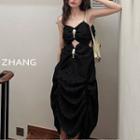 Spaghetti Strap Cutout Shirred Midi A-line Dress