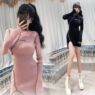 Turtleneck Embroidered Knit Mini Bodycon Dress